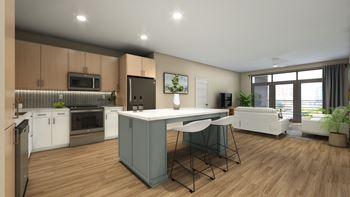 an open floor plan with a kitchen and living room at Hawkins Press Apartments in Charlotte, NC 28203